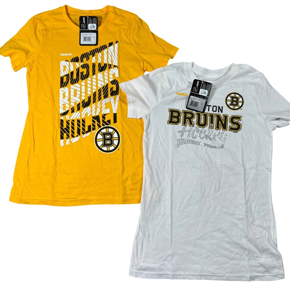 Reebok Boston Bruins NHL Kids Large 14 T-Shirt 2 Pack NWT Yellow White Hockey